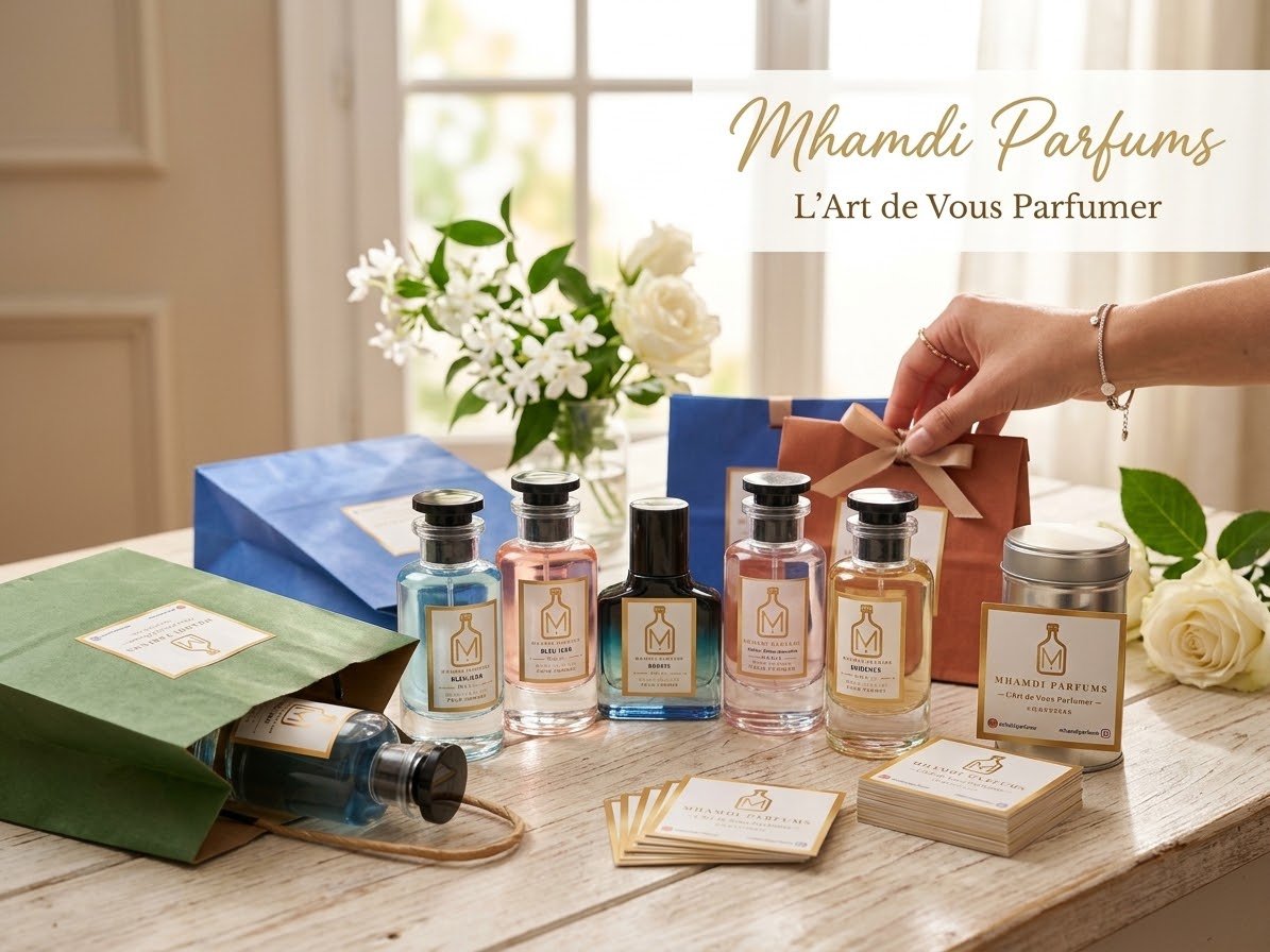 Coffret Mhamdi Parfums avec sacs cadeaux, bouteilles et cartes de visite - packaging soigné